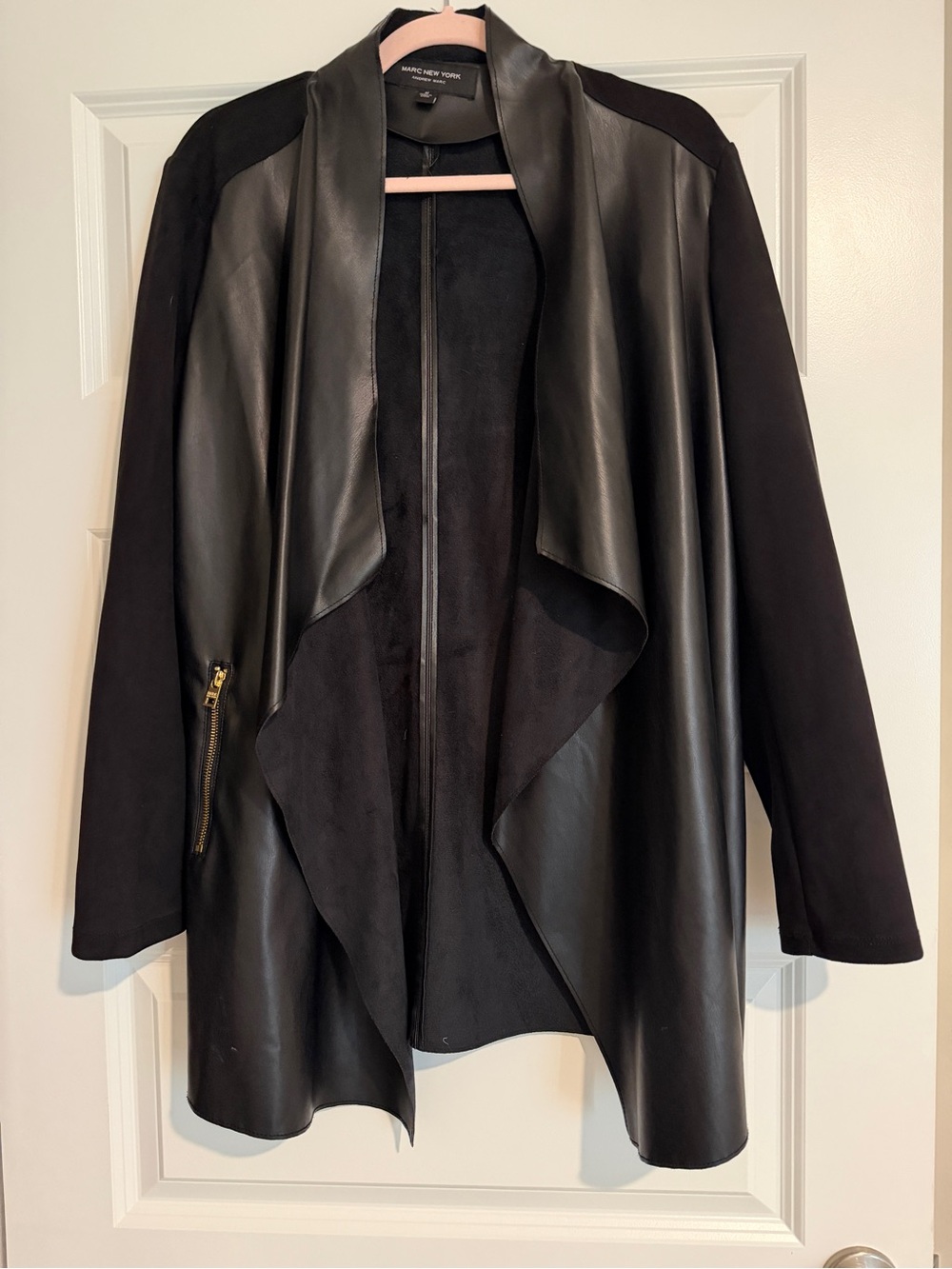 Marc New York Black Mixed-Media Draped Open Front Jacket